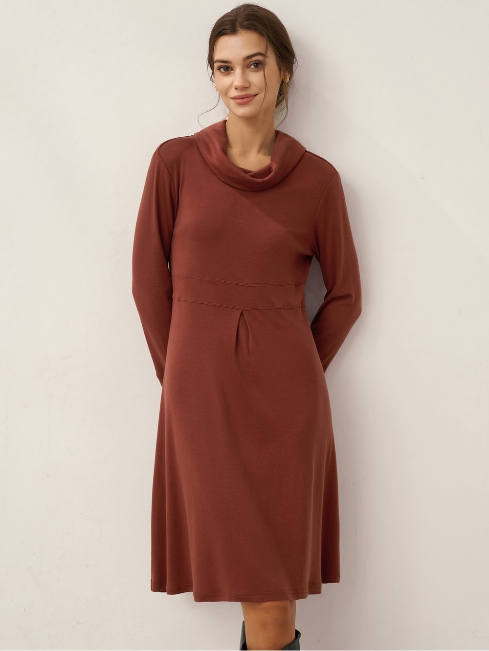 Lintico Lyocell Wool Draped Neck Stretch Midi Dress KIRA Long Sleeve XXL 1123